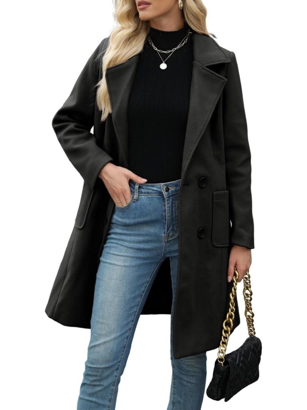 Women's Black Chic Wool Blend Mid-Long Notch Double-Breasted Trench Pea Coat